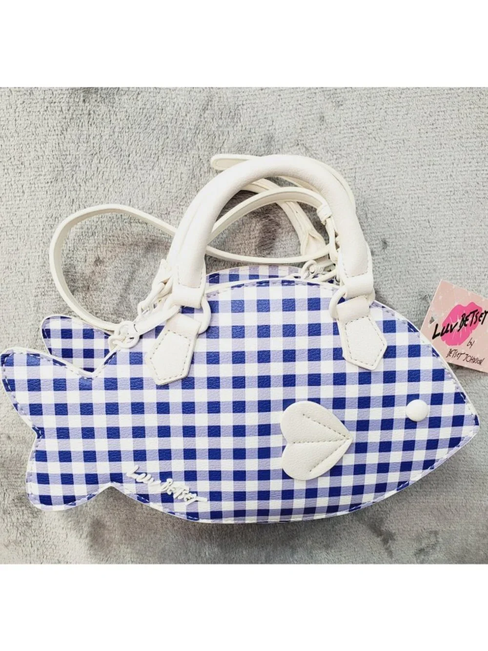 Betsey Johnson Crossbody Bag Fish Blue Gingham Nautical Kitsch Resort Beach Cruz